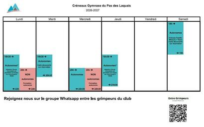 Planning créneaux d'escalade adultes 2026 Planning créneaux d'escalade adultes 2026